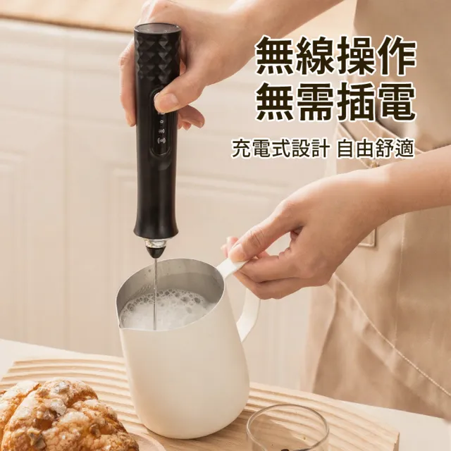 【SUNORO】不銹鋼電動打奶泡器 咖啡拉花打泡器 烘焙打蛋器(Type-C充電式/附3款攪拌頭+支架)