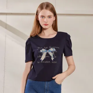 【IENA】蝴蝶結印花Ｔ恤(#5271032 印花上衣 粉色/深藍色)