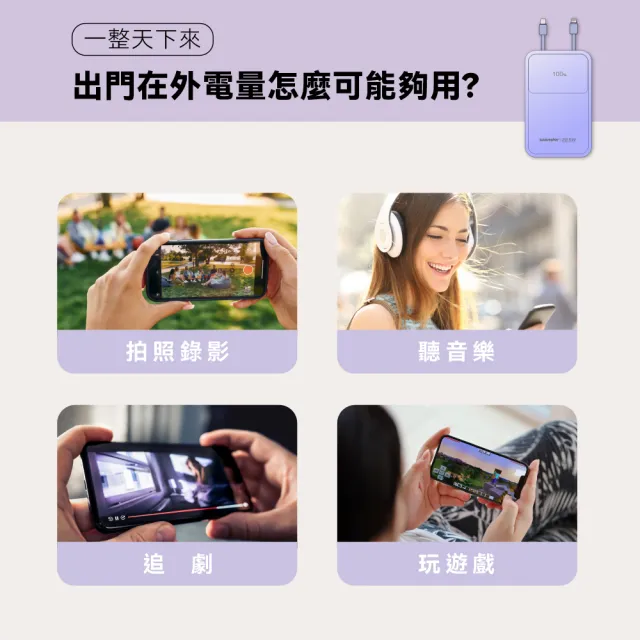 【WONDER 旺德】可拆線式快充行動電源 20000mAh 紫(WA-P17B)
