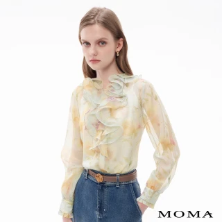 【MOMA】柔光透膚荷葉領百合兩件式雪紡上衣(藍底花布)