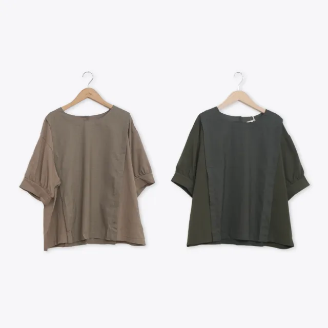 【MOSS CLUB】異材質拼接泡袖圓領上衣(綠 咖)