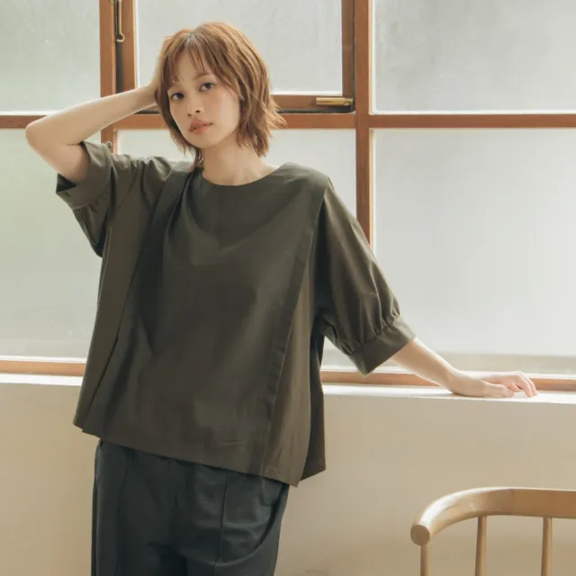 【MOSS CLUB】異材質拼接泡袖圓領上衣(綠 咖)