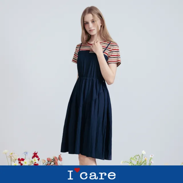 【I’Care 依卡】現貨-藍橘色減齡感抽褶吊帶洋裝（F）｜休閒洋裝 假兩件吊帶 短洋裝(607-20906)