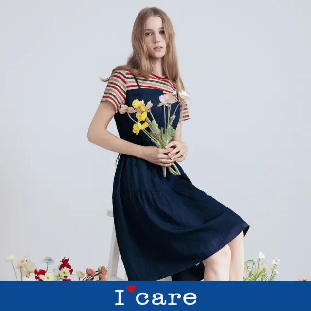 【I’Care 依卡】現貨-藍橘色減齡感抽褶吊帶洋裝(F)|休閒洋裝 假兩件吊帶 短洋裝(607-20906)