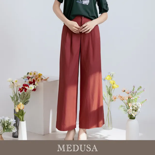 【MEDUSA 曼度莎】現貨-高腰打褶涼感天絲長寬褲 - 2色（M-XL）｜女寬褲 涼感天絲 休閒長褲(601-74602)