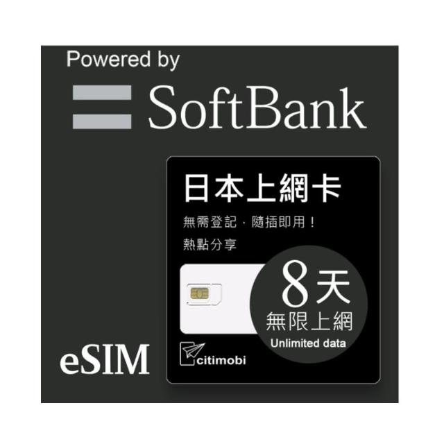 【citimobi】eSIM日本8天吃到飽不降速(日本網卡 吃到飽 不降速 日本 網卡 沖繩 大阪 北海道 eSIM)