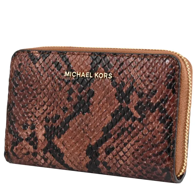 【Michael Kors】金屬LOGO蛇紋皮革信用卡證件名片零錢包(深咖)