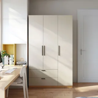 【hoi! 好好生活】林氏木業現代簡約1.2M原木色三門雙抽衣櫃 JC16D-白色