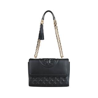 【TORY BURCH】TORY BURCH Fleming 立體T字LOGO菱格絎縫霧面皮革流蘇斜背鍊帶包(黑)