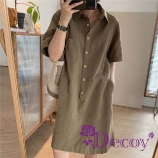 【Decoy】復古棉麻 POLO領短袖直筒連身裙(軍綠)