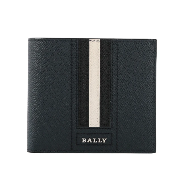 【BALLY】Trasai 防刮牛皮黑白條紋對開8卡短夾(深藍色)