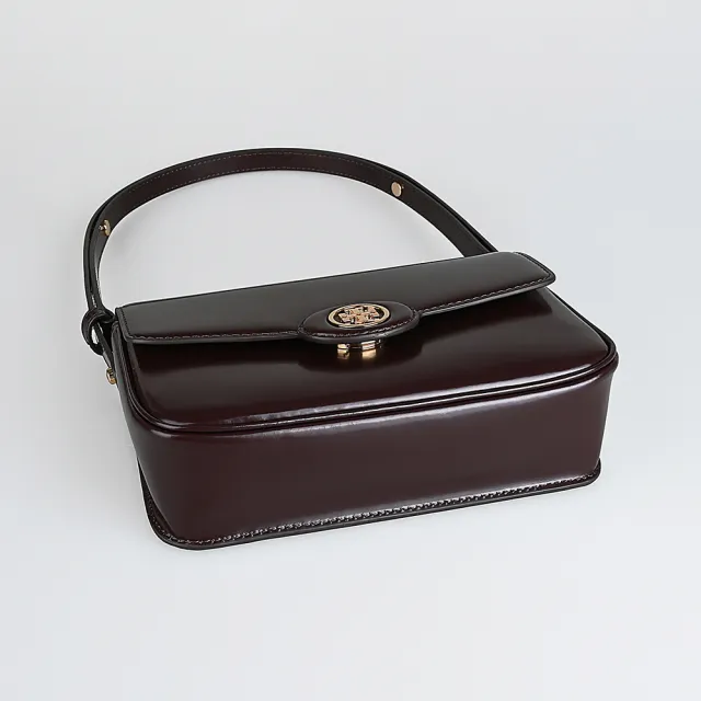 【TORY BURCH】TORY BURCH Robinson 圓標金屬T字LOGO漆皮方形斜背包(葡萄紫紅)