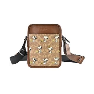 【COACH】X PEANUTS C Logo PVC拼接素面皮革方型斜背男包(史努比圖印棕卡其C/小款)