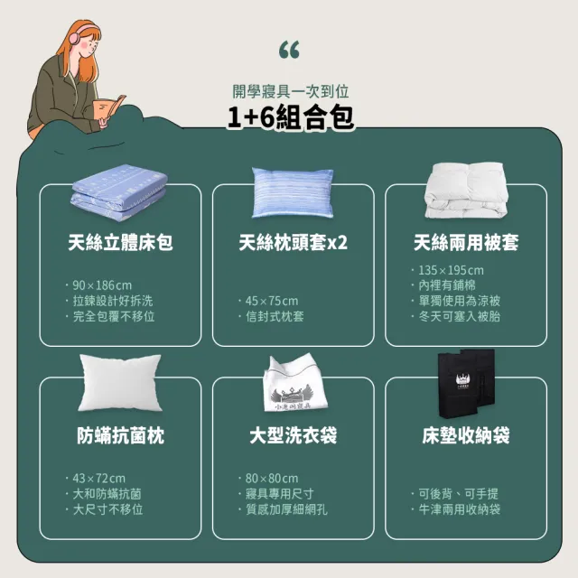 【小老闆寢具】熱賣組 單人加大3.5尺 小老闆開學寢具七件組 B組10CM吸濕排汗記憶床墊(學生組 大學床墊)