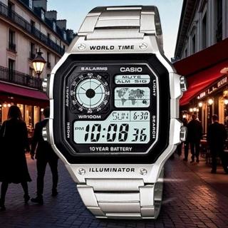 【CASIO 卡西歐】AE-1200WHD-1A 數位方塊 世界地圖顯示電子錶(防水100米 錶徑約4.2公分)