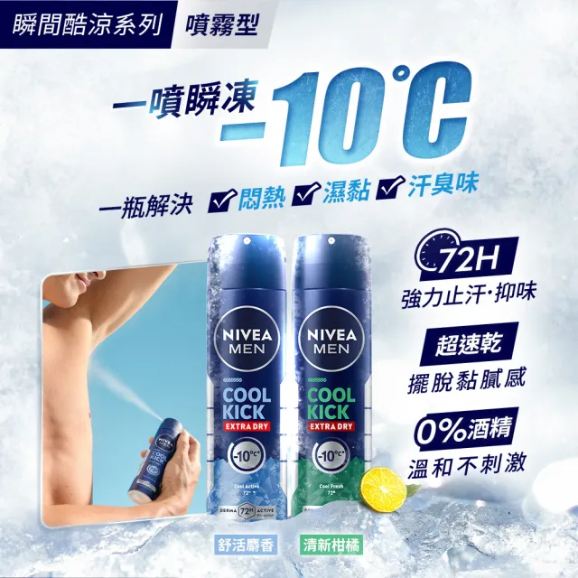 【NIVEA 妮維雅】男士止汗爽身噴霧瞬間酷涼系列-麝香(48H抑味爽身/-10度C順降)