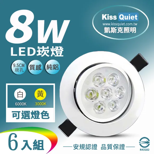 【KISS QUIET】6入組 8W LED崁燈 開孔9.5cm(鹵素燈 崁燈 投射燈 嵌燈 燈泡 小射燈 LED崁燈)