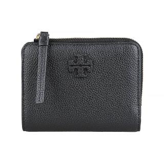 【TORY BURCH】TORY BURCH Mcgraw 皮革T字LOGO小牛皮內搭織布6卡按釦拉鍊袋短夾(黑)
