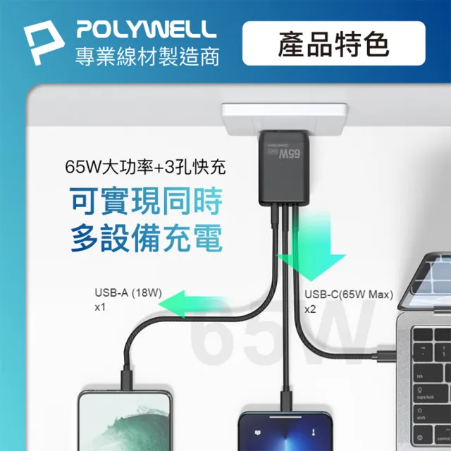 【POLYWELL】65W 三孔GaN氮化鎵快充頭 1A2C(可充筆電 65W充電器 pd充電器)