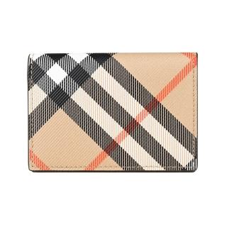 【BURBERRY 巴寶莉】BURBERRY 內壓印LOGO塗層帆布內搭小羊皮對折卡片夾(沙棕)