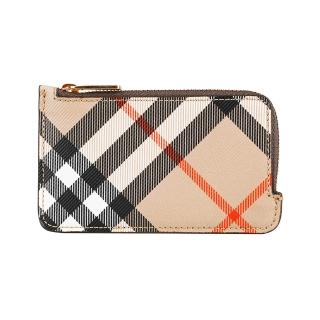 【BURBERRY 巴寶莉】BURBERRY 內印字LOGO塗層帆布內搭小羊皮拉鍊卡片零錢夾(沙棕)