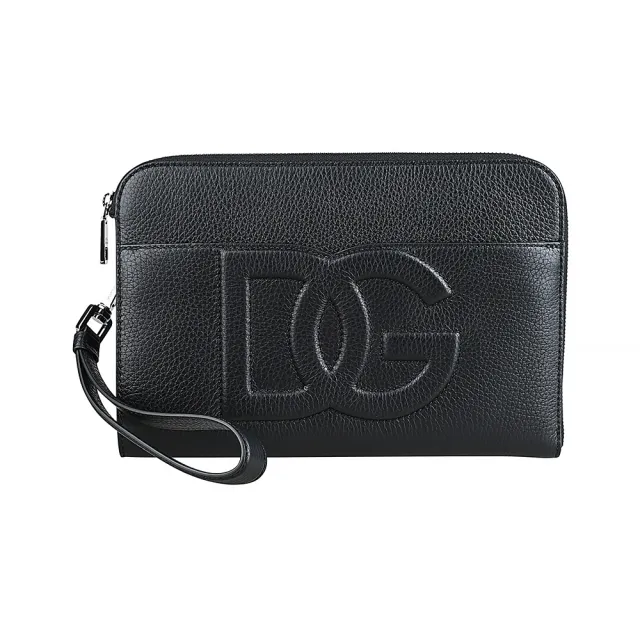 【DOLCE&GABBANA 杜嘉班納】DOLCE&GABBANA DG壓紋LOGO鹿皮內搭帆布手拿包(黑)