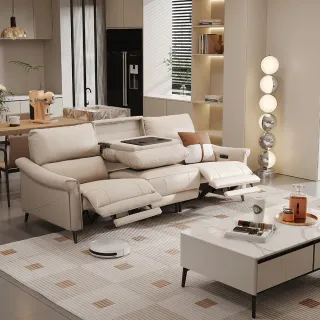 【Cheers】預購★頭等艙 頭層牛皮 三人零靠牆電動沙發茶几款附USB 30393 棉白色