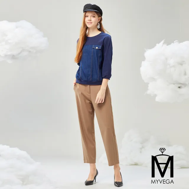 【MYVEGA 麥雪爾】MA異材質拼接仿丹寧牛仔雙袋蓋上衣-深藍(復古T/)