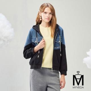【MYVEGA 麥雪爾】MA連帽抽繩異材質拼接丹寧牛仔外套-藍