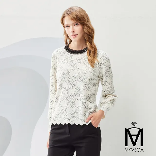 【MYVEGA 麥雪爾】MA刺繡蕾絲小喇叭袖彈性上衣-米白(通勤風/)