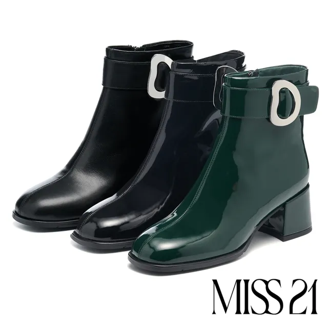 【MISS 21】復古時髦扭曲大釦牛漆皮方頭高跟短靴(黑)