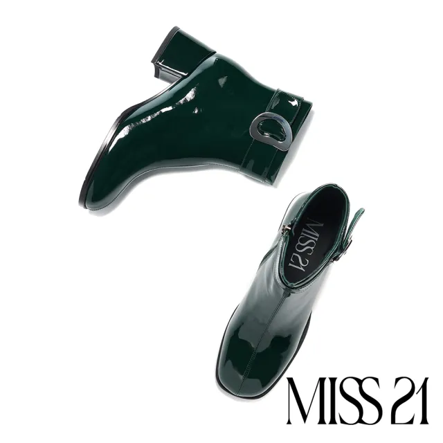 【MISS 21】復古時髦扭曲大釦牛漆皮方頭高跟短靴(綠)