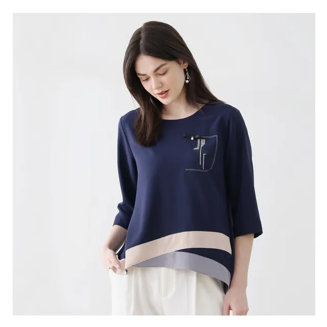 【R.NETS】HG 幾何拼珍珠蝴蝶結上衣-深藍