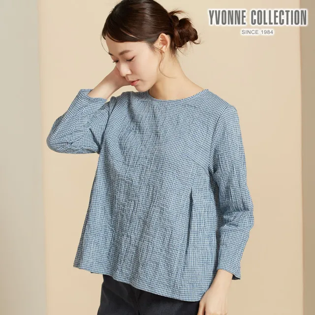 【YVONNE 以旺傢飾】皺皺細格紋提花長袖上衣-暮光綠