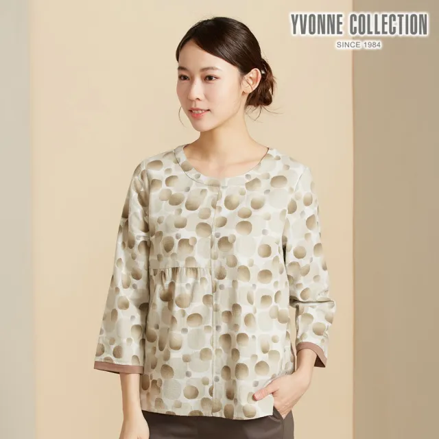 【YVONNE 以旺傢飾】刷毛暈染印花剪接九分袖上衣-卡其