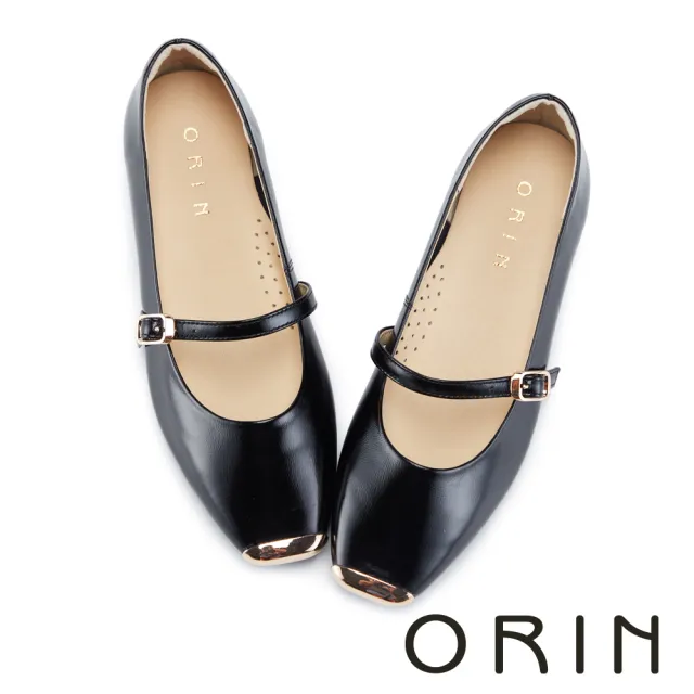 【ORIN】牛漆皮金飾方頭瑪莉珍平底鞋(黑色)