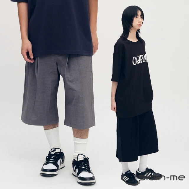 【plain-me】男女款 西料拼接打摺七分褲 PLN1735-252(褲子 短褲 男女褲 西裝褲 超寬褲 鬆緊 直筒褲)