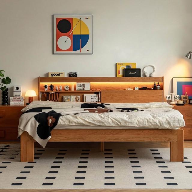 【hoi! 好好生活】HF墩墩有光夜燈床頭可儲物櫻桃木實木雙人加大床架180x190