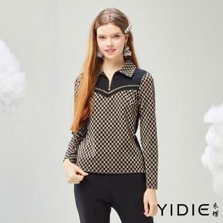 【YIDIE】翻領拼接拉鍊格紋上衣-黑