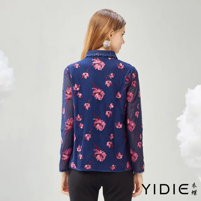【YIDIE】刺繡花卉蕾絲上衣-藍