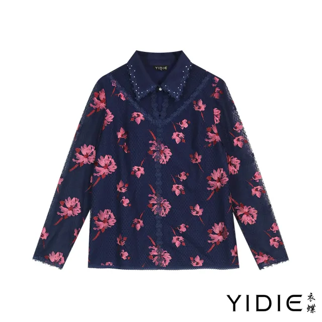 【YIDIE】刺繡花卉蕾絲上衣-藍