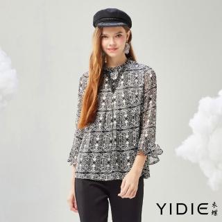 【YIDIE】刺繡圖騰印花喇叭九分袖雪紡上衣-黑