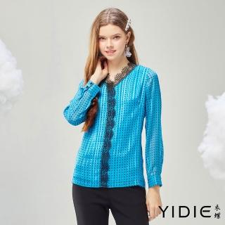 【YIDIE】蕾絲拼接格紋雪紡上衣-水藍