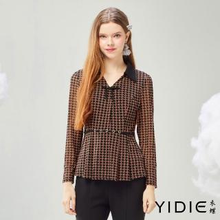 【YIDIE】幾何拼接透紗袖雪紡上衣-紅