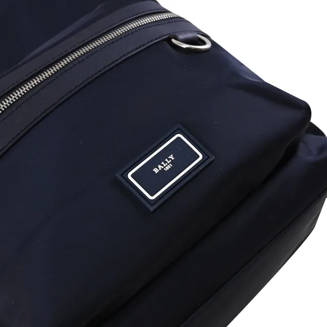 【BALLY】簡約品牌LOGO厚尼龍前口袋手提旅用包後背包(深藍 大款)