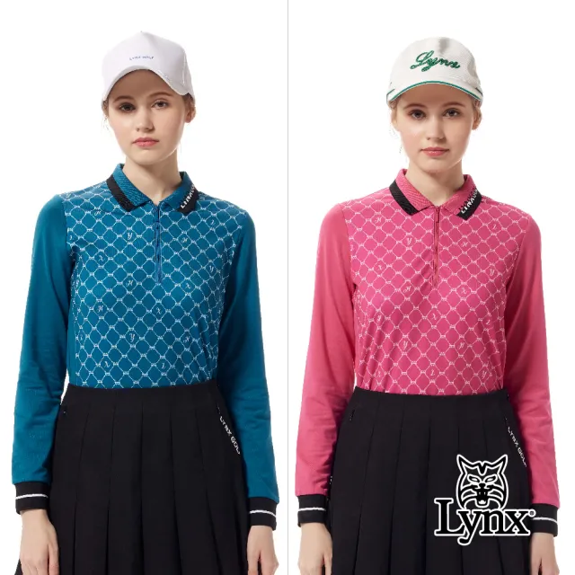 【Lynx Golf】女款合身版刷毛保暖電腦領造型方格印花長袖立領POLO衫/高爾夫球衫(二色)