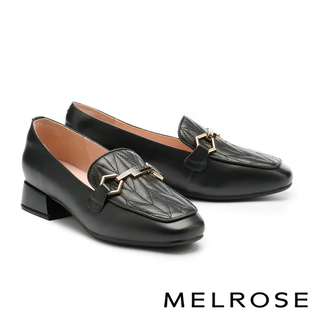 【MELROSE】美樂斯 復古時尚造型釦牛皮樂福方頭低跟鞋(黑)