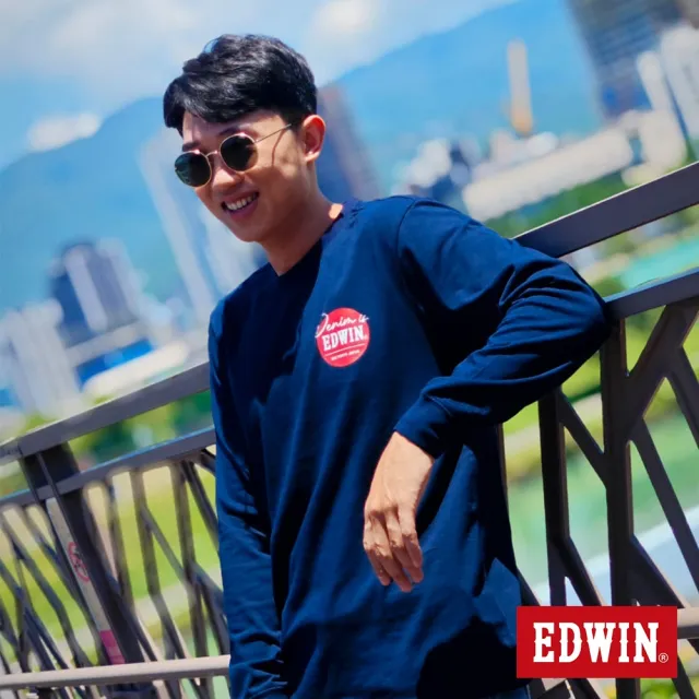 【EDWIN】男裝 網路獨家↘圓標LOGO長袖T恤(丈青色)