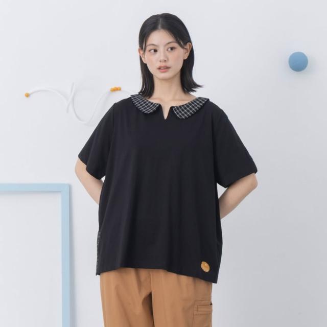 【MOSS CLUB】鬆餅刺繡格紋泡泡布拼接開衩圓領短T(黑 咖)