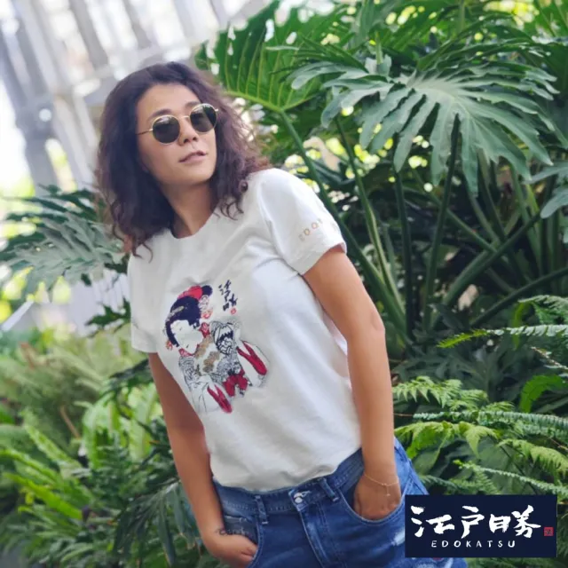 【EDWIN】江戶勝 女裝 忍者系列 浮世繪藝妓印花短袖T恤(米白色)